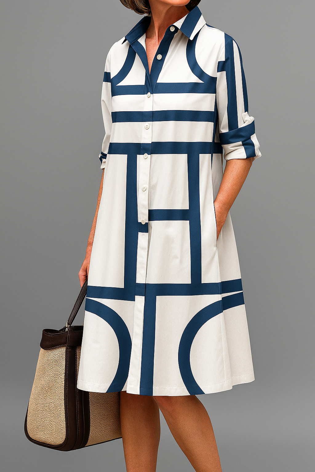 Women’s Geometric Print Shirt Dress | Casual Midi