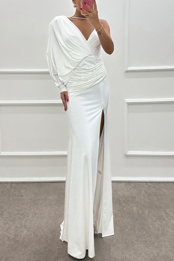 Hailey - One Shoulder Bat Sleeve Slit Gown Maxi Dress