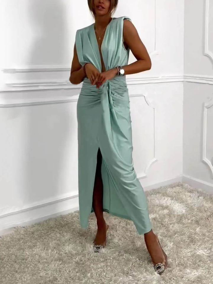 Daphne | V-neck Ruched Drape Slit Midi Dress