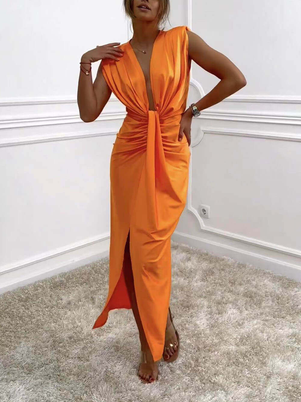 Daphne | V-neck Ruched Drape Slit Midi Dress