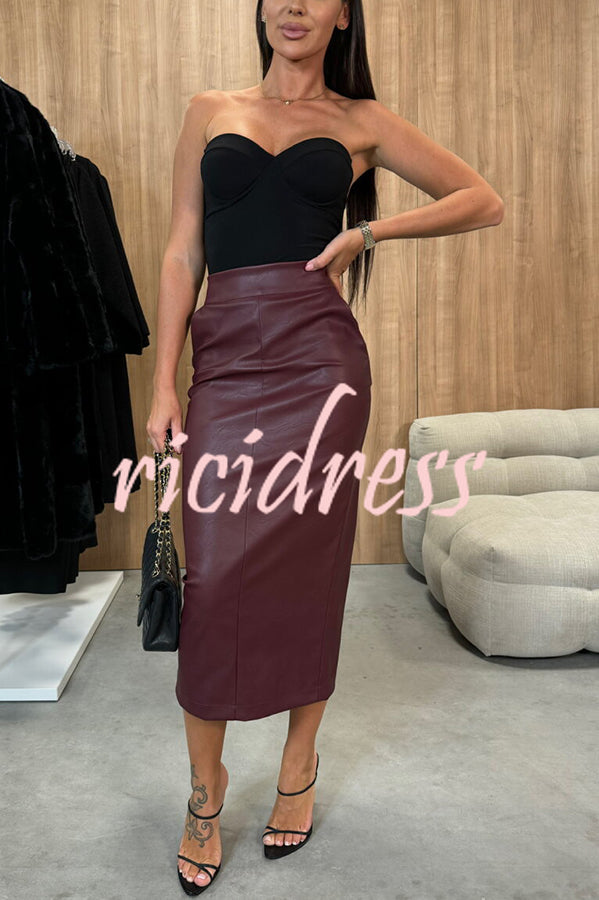 Kaitlyn - Faux Leather High Rise Stretch Midi Skirt