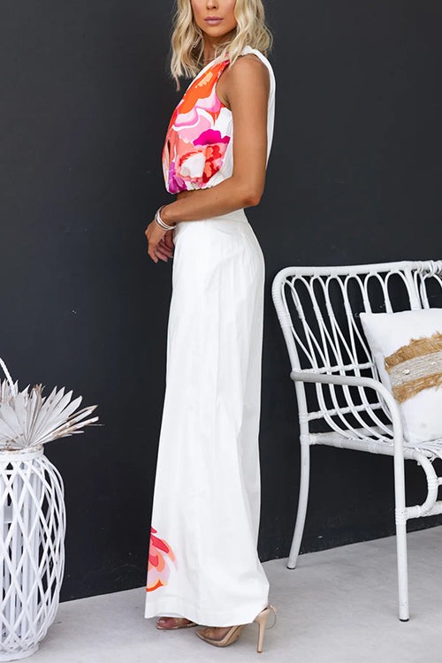 One Shoulder Sleeveless Crop Top Wide Leg Pants Printed Set