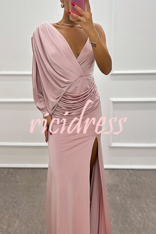 Hailey - One Shoulder Bat Sleeve Slit Gown Maxi Dress