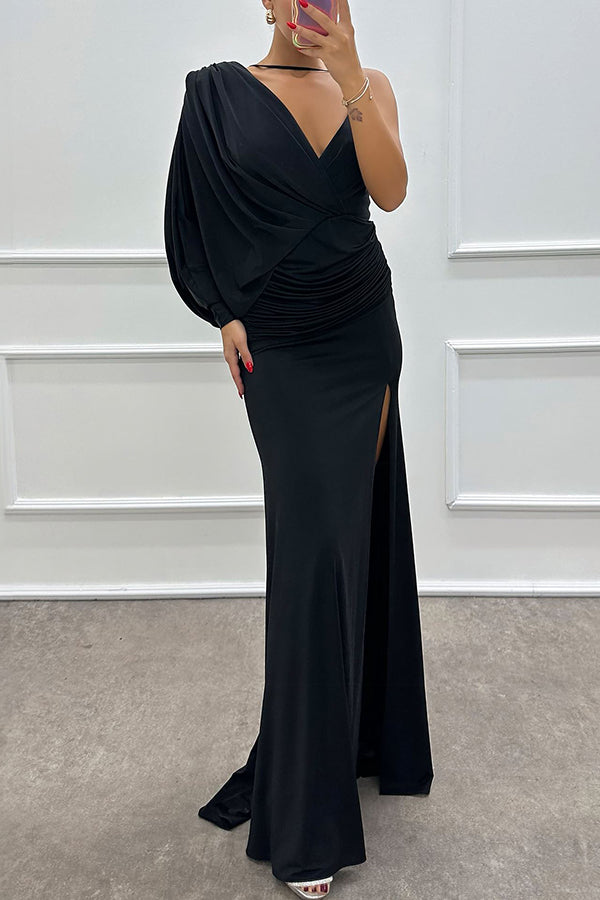 Hailey - One Shoulder Bat Sleeve Slit Gown Maxi Dress