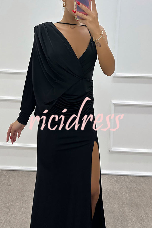 Hailey - One Shoulder Bat Sleeve Slit Gown Maxi Dress