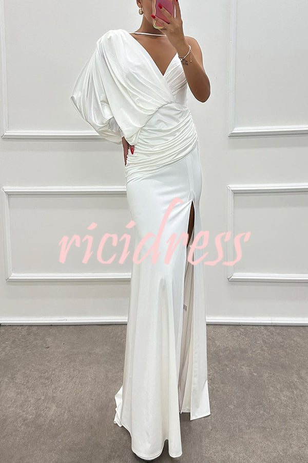 Hailey - One Shoulder Bat Sleeve Slit Gown Maxi Dress