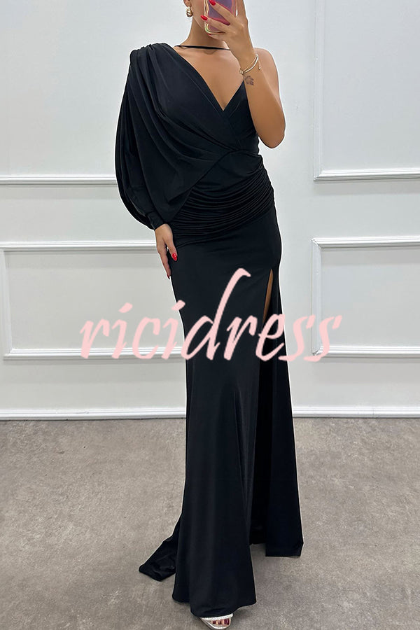 Hailey - One Shoulder Bat Sleeve Slit Gown Maxi Dress