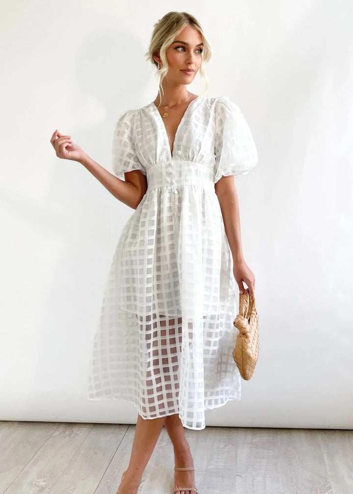 Quinn - Patterned Puff Sleeve Midi Dress