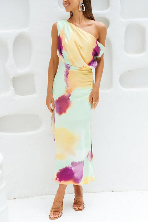 Asymmetric Shoulder Waisted Tie Dye Slit Maxi Dress