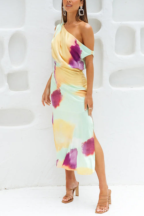 Asymmetric Shoulder Waisted Tie Dye Slit Maxi Dress