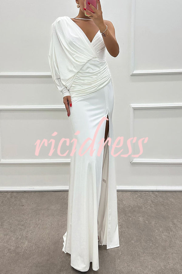 Hailey - One Shoulder Bat Sleeve Slit Gown Maxi Dress