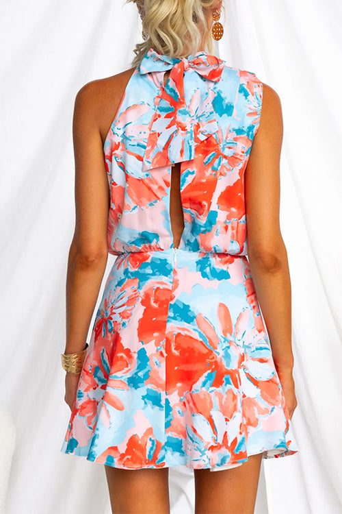 Tie Neck Sleeveless Open Back Floral Print Mini Dress