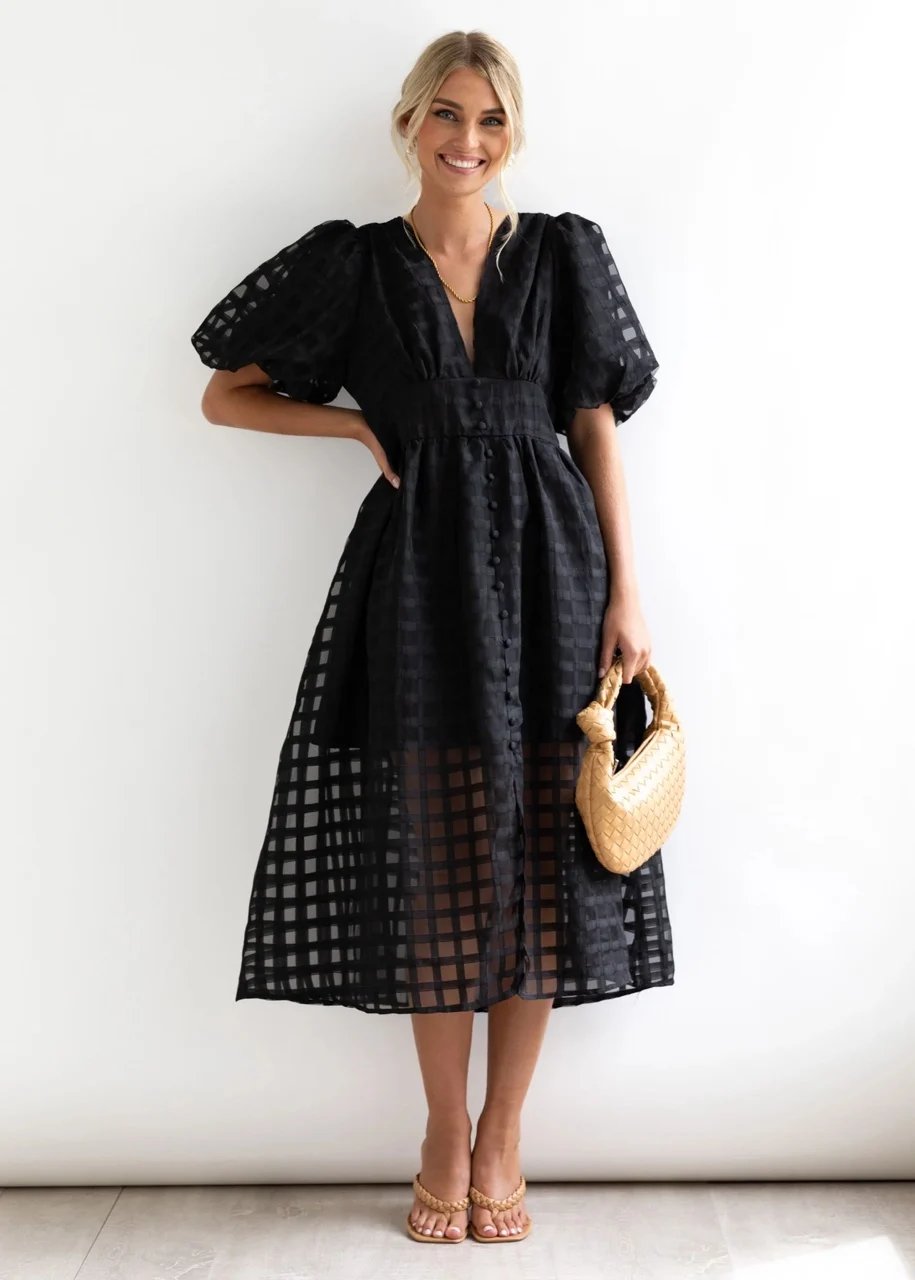 Quinn - Patterned Puff Sleeve Midi Dress