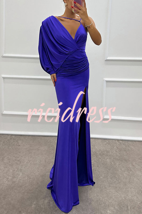 Hailey - One Shoulder Bat Sleeve Slit Gown Maxi Dress