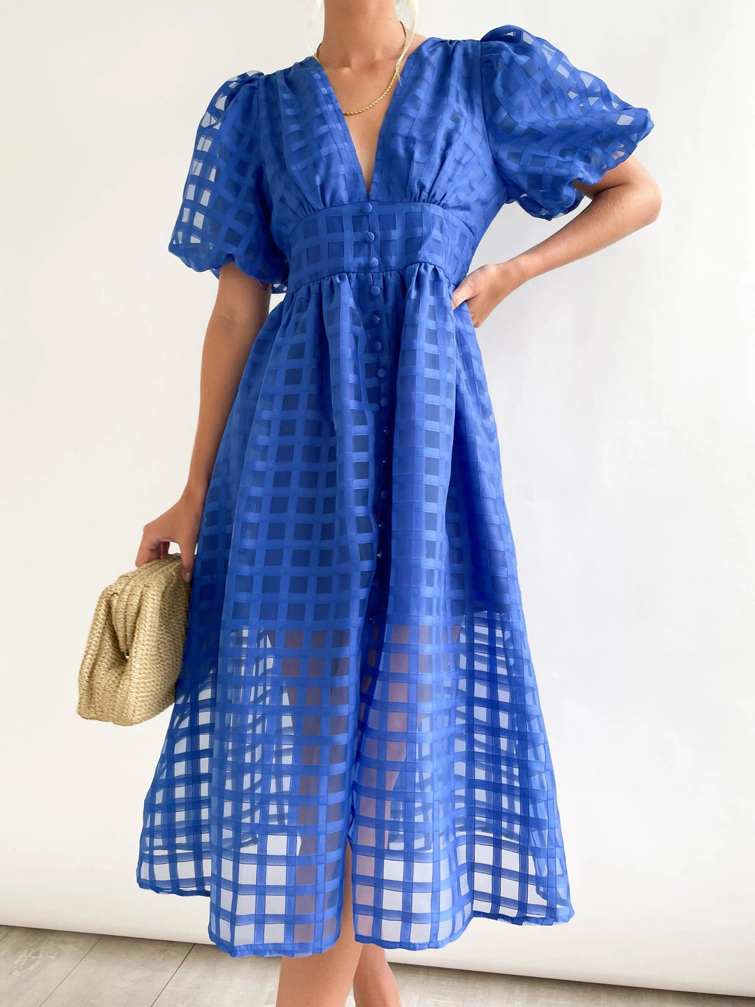 Quinn - Patterned Puff Sleeve Midi Dress