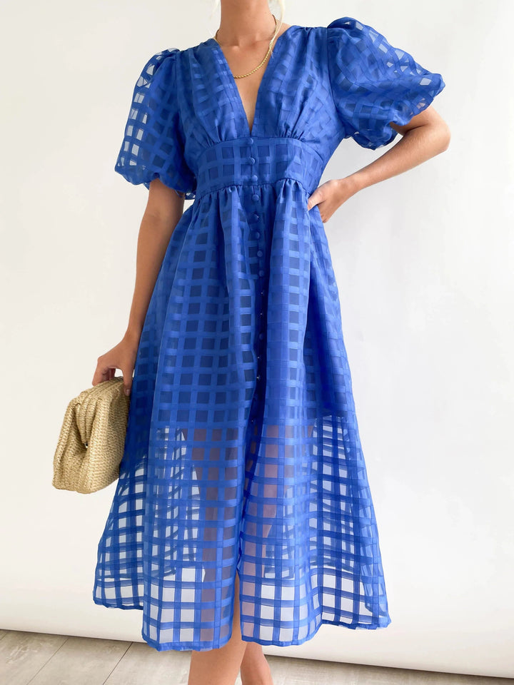 Quinn - Patterned Puff Sleeve Midi Dress