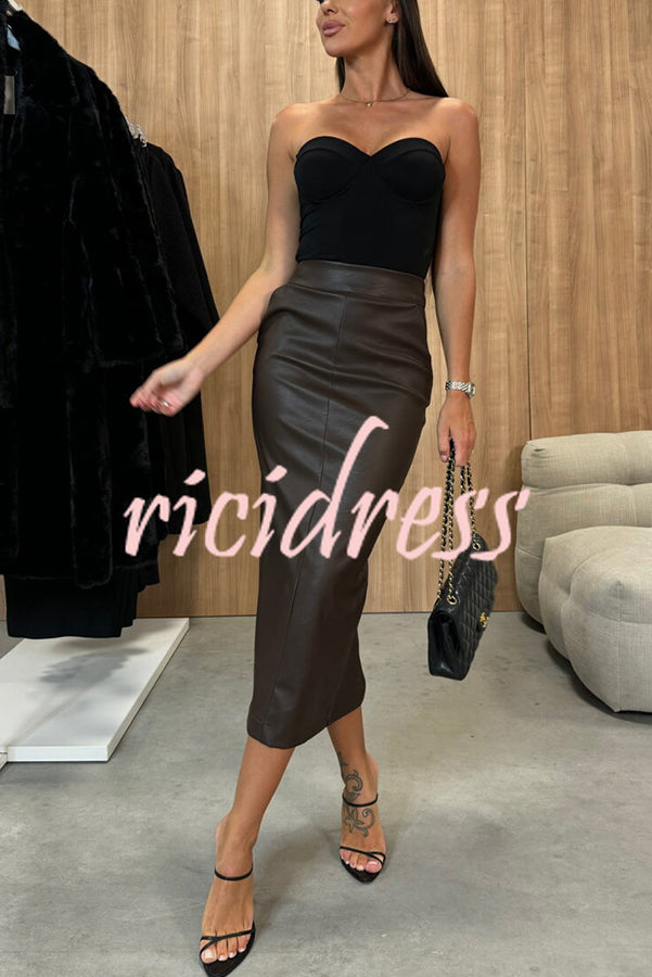 Kaitlyn - Faux Leather High Rise Stretch Midi Skirt