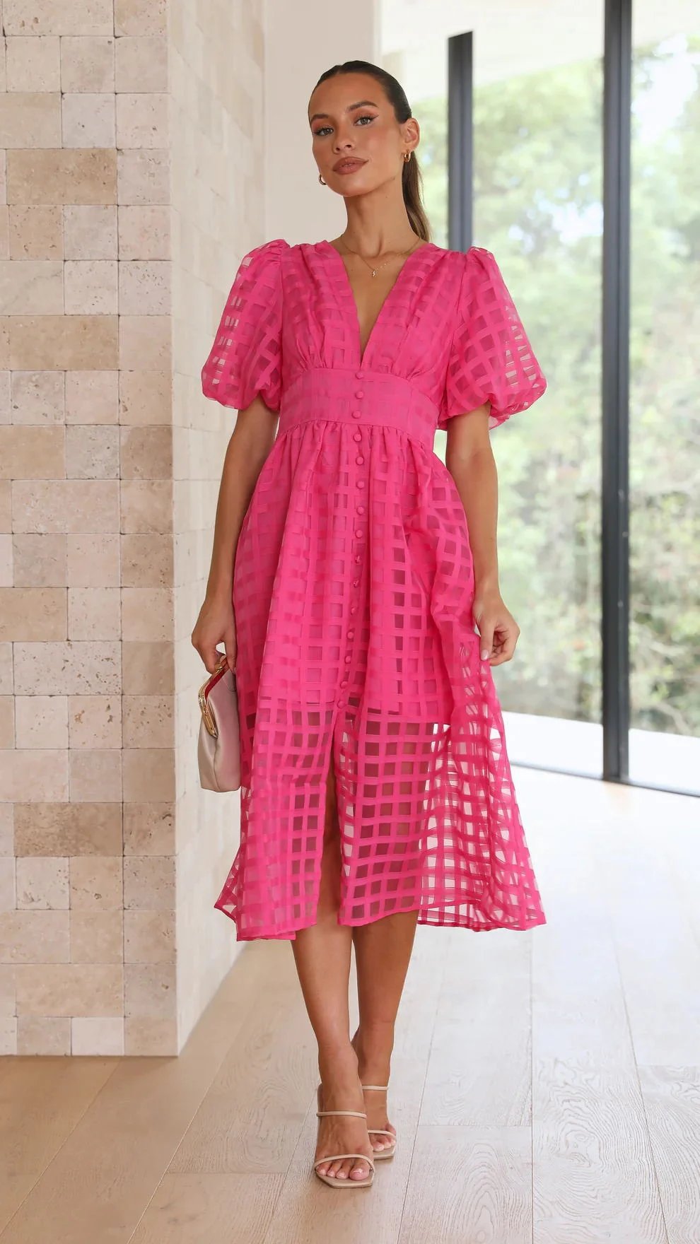 Quinn - Patterned Puff Sleeve Midi Dress