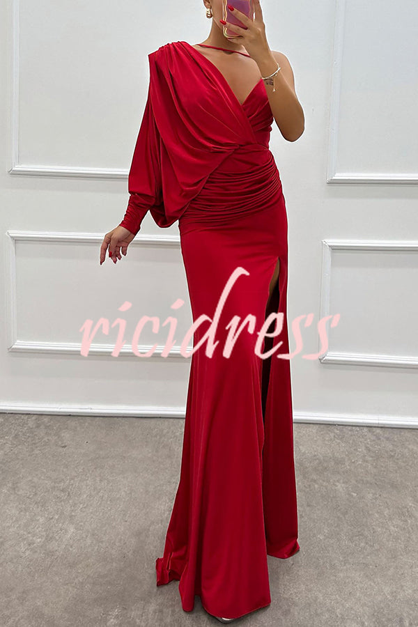 Hailey - One Shoulder Bat Sleeve Slit Gown Maxi Dress