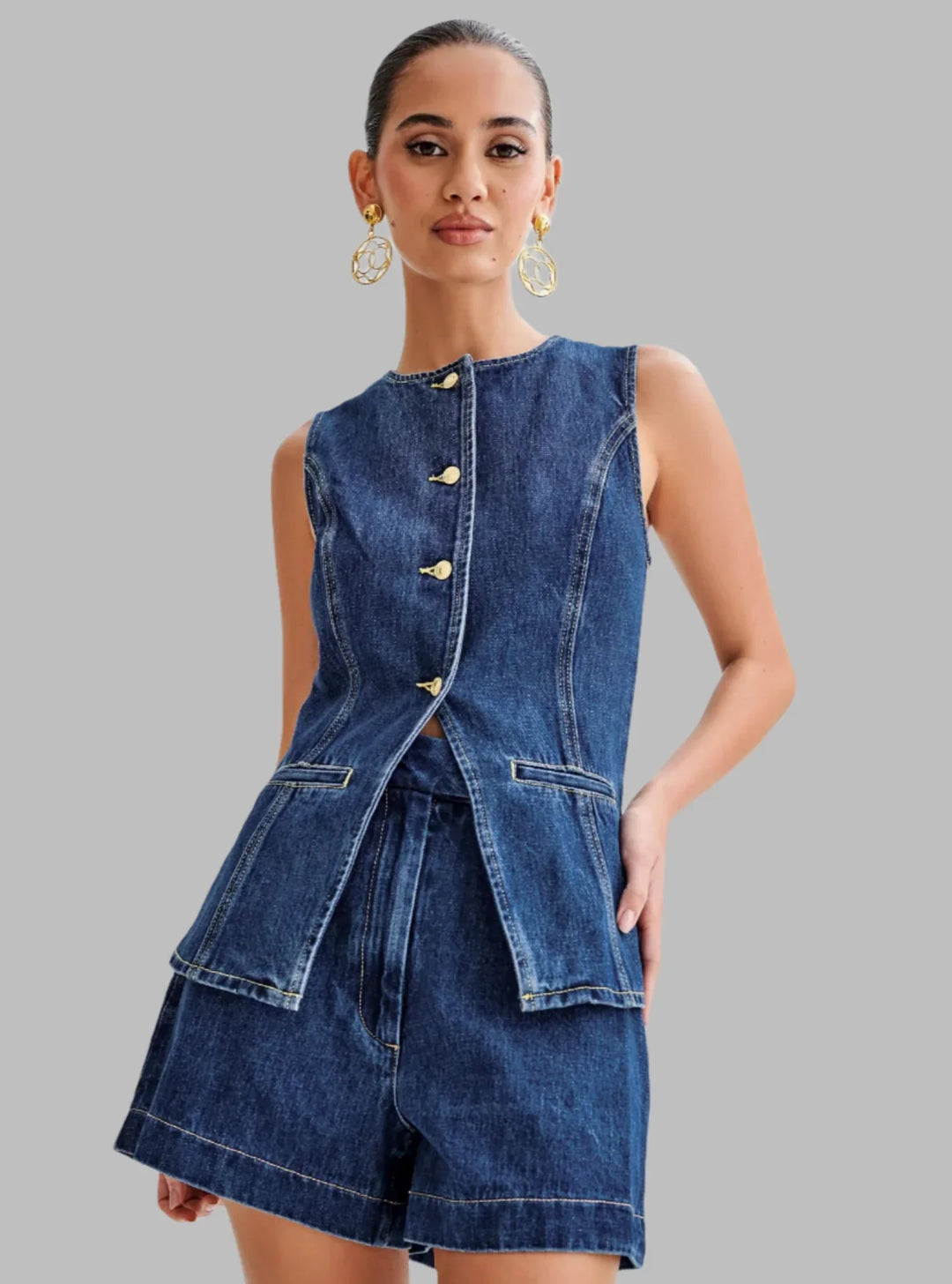 Nina | Denim Bottoned Down with Short Set