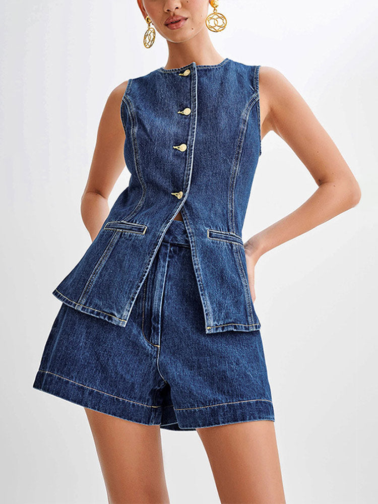 Nina | Denim Bottoned Down with Short Set