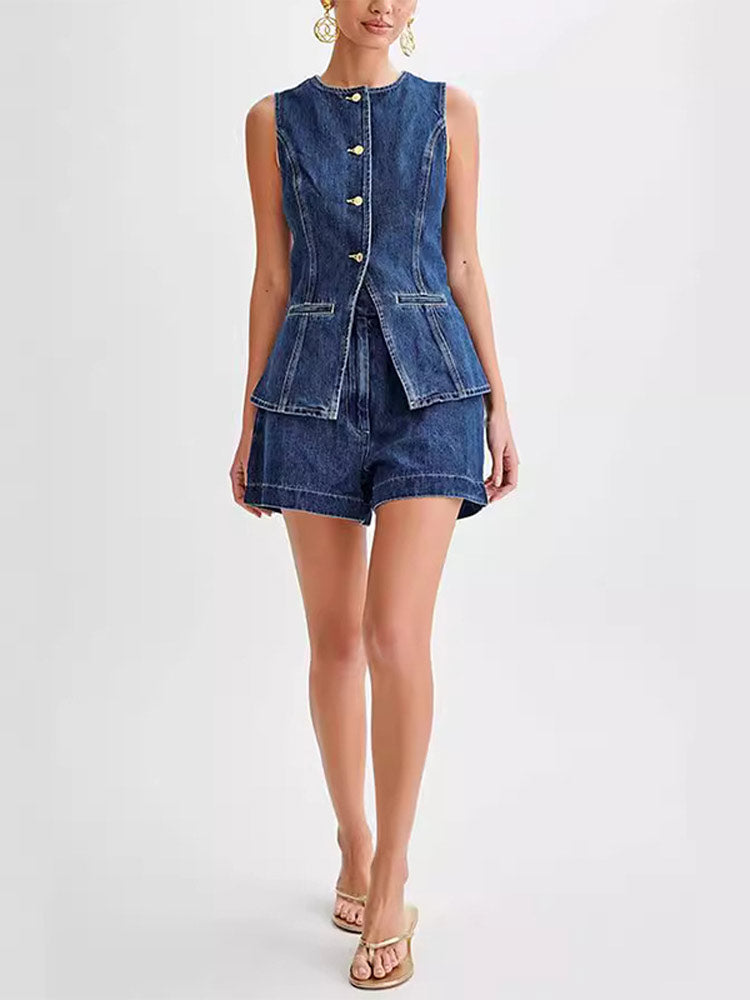 Nina | Denim Bottoned Down with Short Set