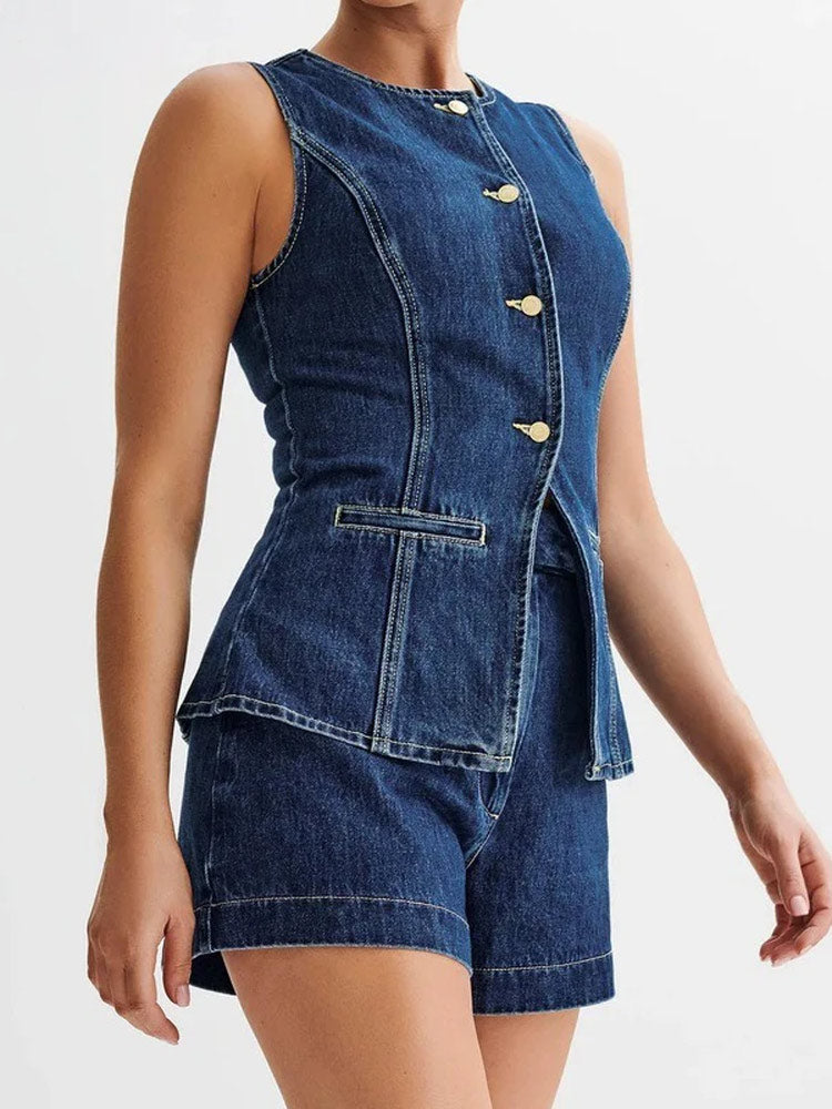 Nina | Denim Bottoned Down with Short Set