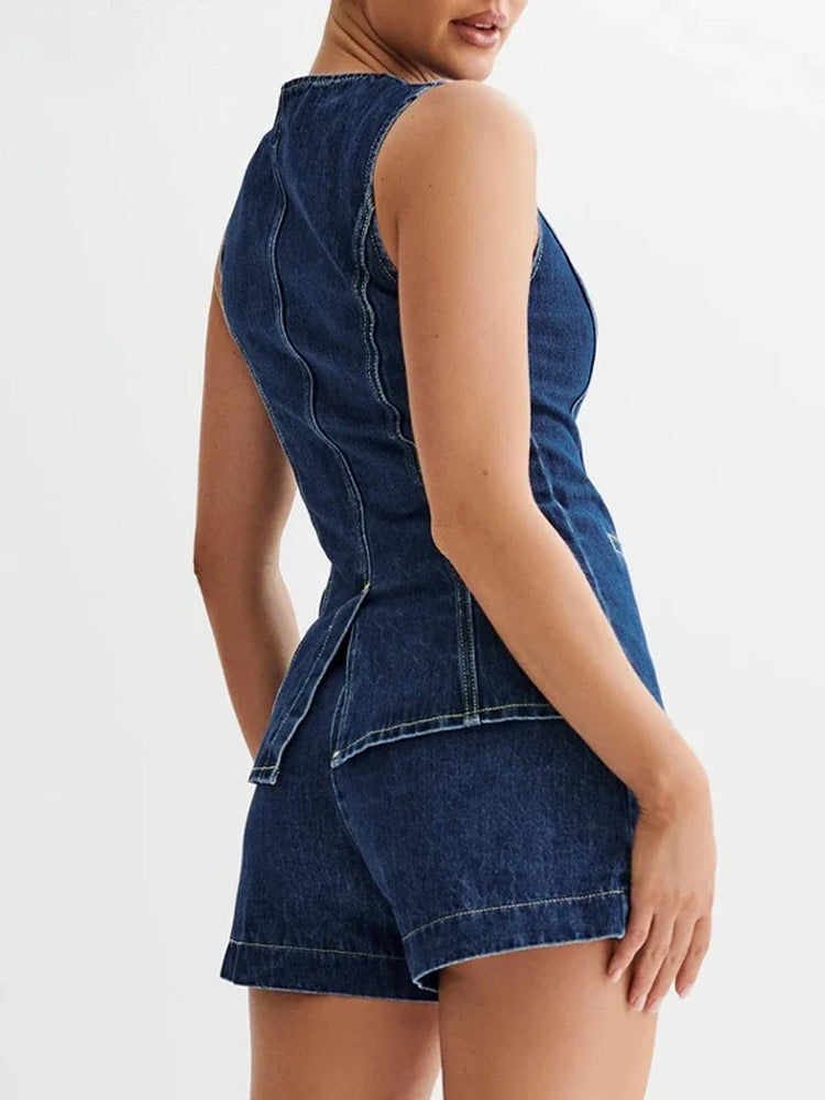 Nina | Denim Bottoned Down with Short Set