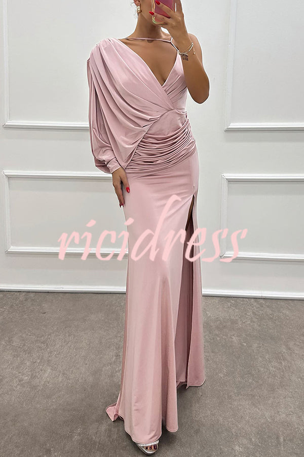 Hailey - One Shoulder Bat Sleeve Slit Gown Maxi Dress