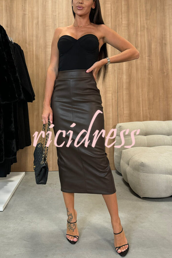 Kaitlyn - Faux Leather High Rise Stretch Midi Skirt