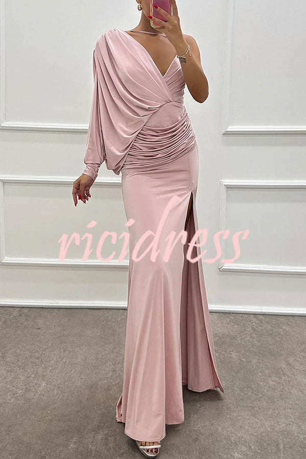 Hailey - One Shoulder Bat Sleeve Slit Gown Maxi Dress