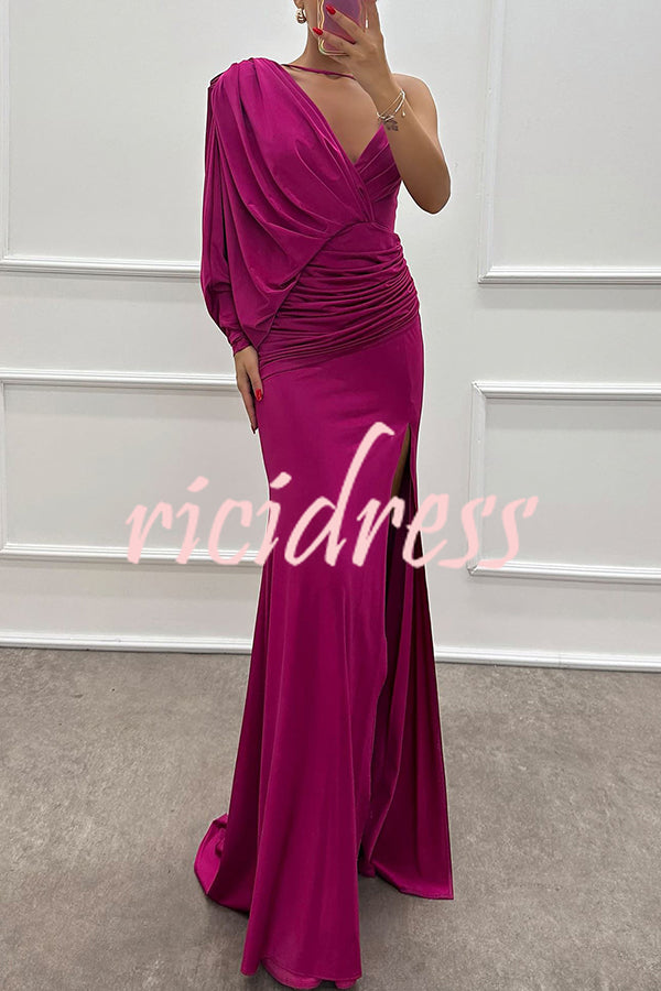 Hailey - One Shoulder Bat Sleeve Slit Gown Maxi Dress