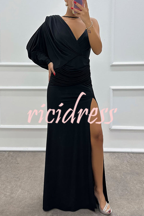 Hailey - One Shoulder Bat Sleeve Slit Gown Maxi Dress