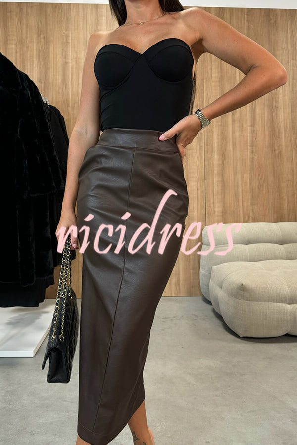 Kaitlyn - Faux Leather High Rise Stretch Midi Skirt