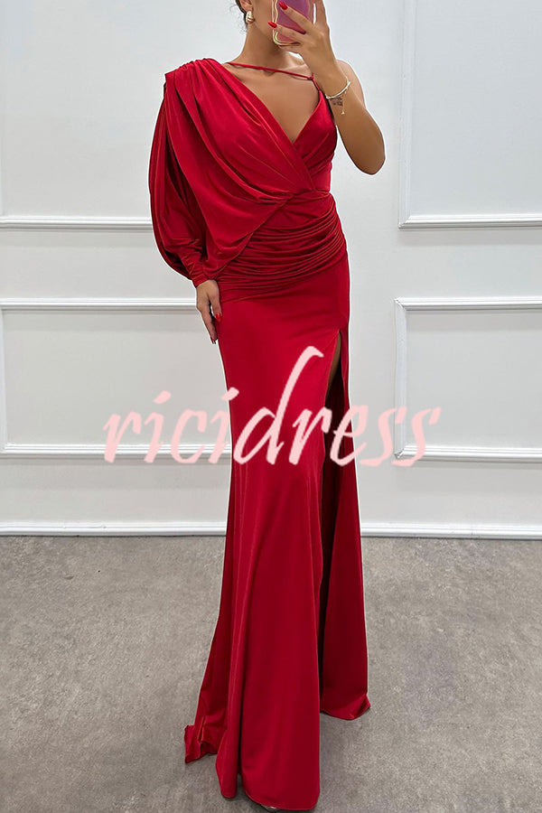 Hailey - One Shoulder Bat Sleeve Slit Gown Maxi Dress